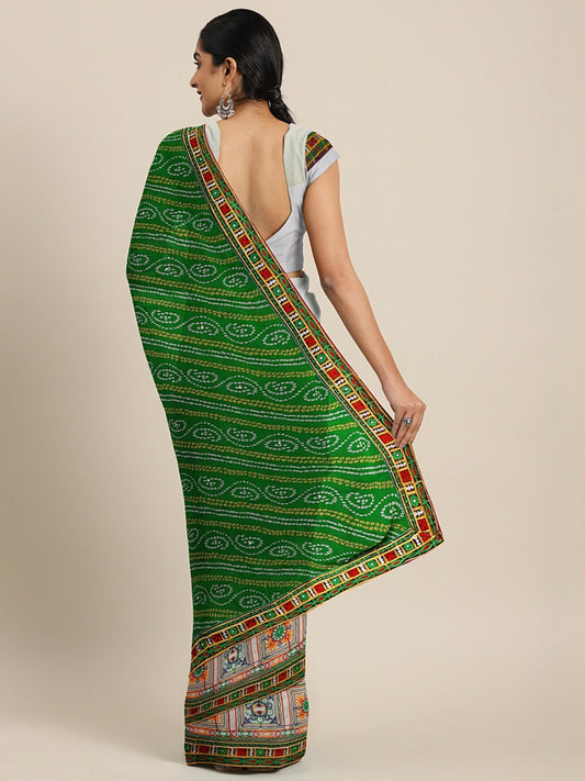 Dhiyona RV Women's Half And Half Bandhani Pallu With Kutchi Embroidered Saree ( KVD931 )