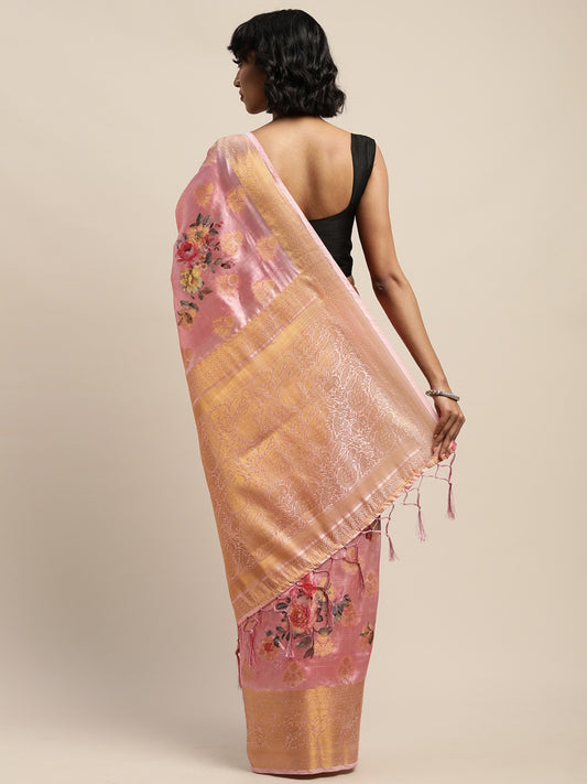 Dhiyona RV Women's banarasi Silk Zari woven Digital Printed With Contrast matching Zari woven Blouse Saree ( KVD973 )
