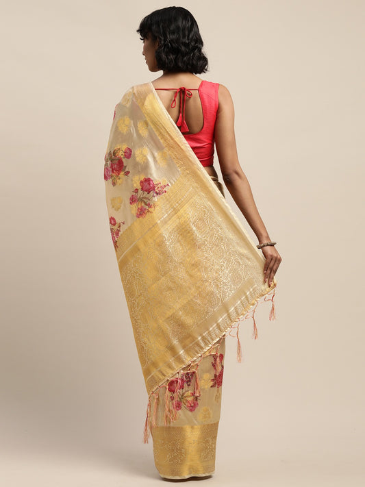Dhiyona RV Women's banarasi Silk Zari woven Digital Printed With Contrast matching Zari woven Blouse Saree ( KVD974 )