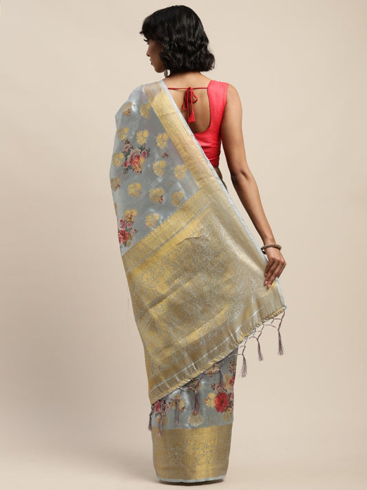 Dhiyona RV Women's banarasi Silk Zari woven Digital Printed With Contrast matching Zari woven Blouse Saree ( KVD975 )