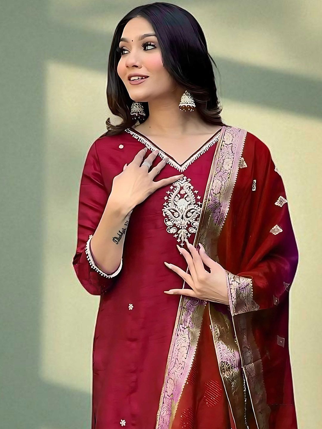 Dhiyona SN Women's Embroidered Pure Cotton Straight Kurta Pyjama & Dupatta Kurta Set