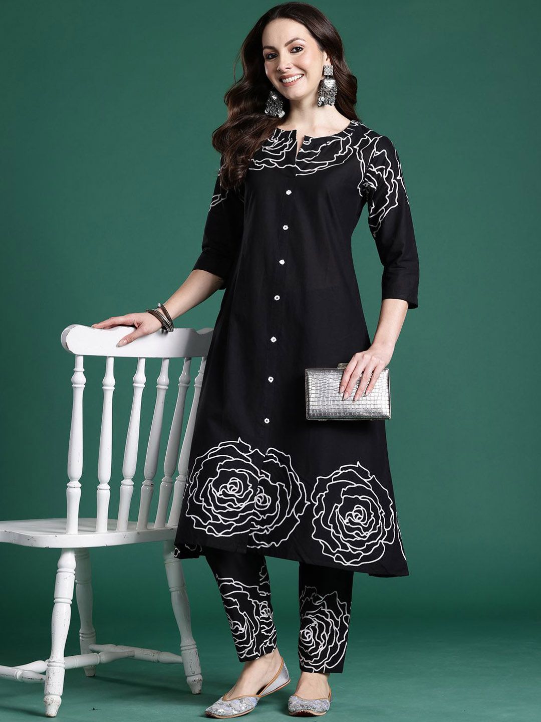 Dhiyona IE Floral Printed Pure Cotton Round Neck Tunic With Trousers Co-Ords