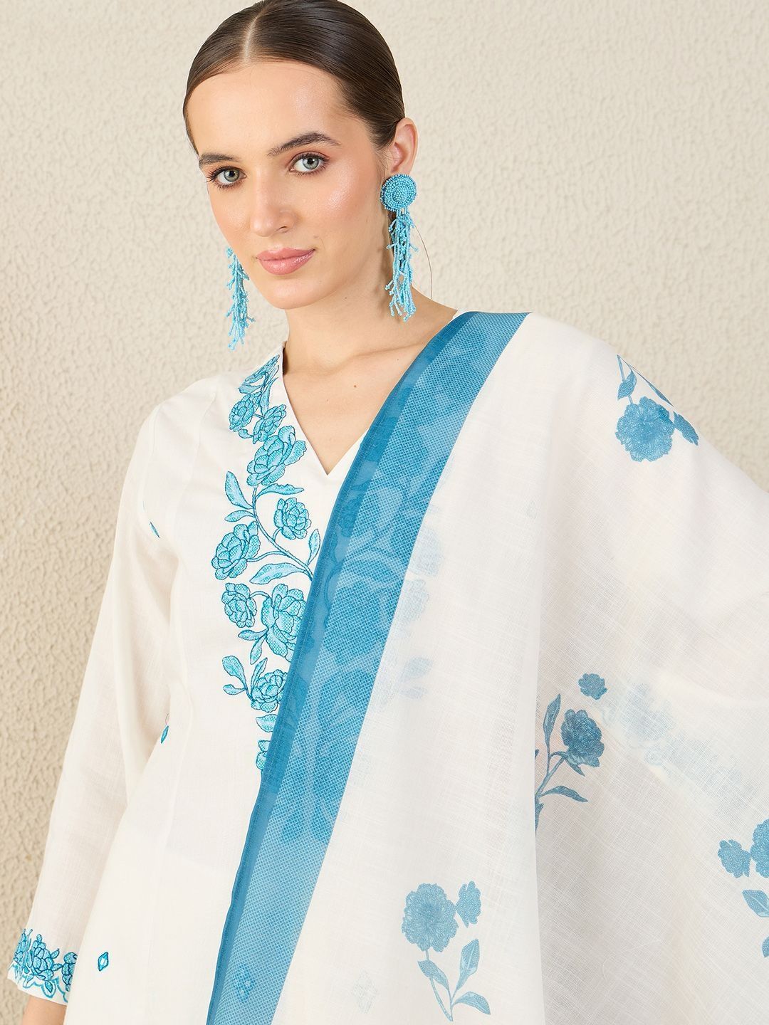 Floral Embroidered A-Line Thread Work Kurta With Trousers & Dupatta