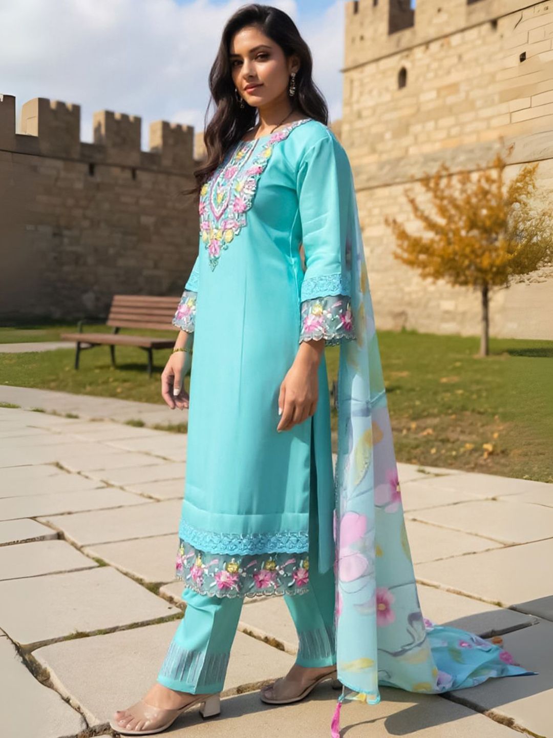 Floral Yoke Design Thread Work Straight Kurta With Trousers & Dupatta