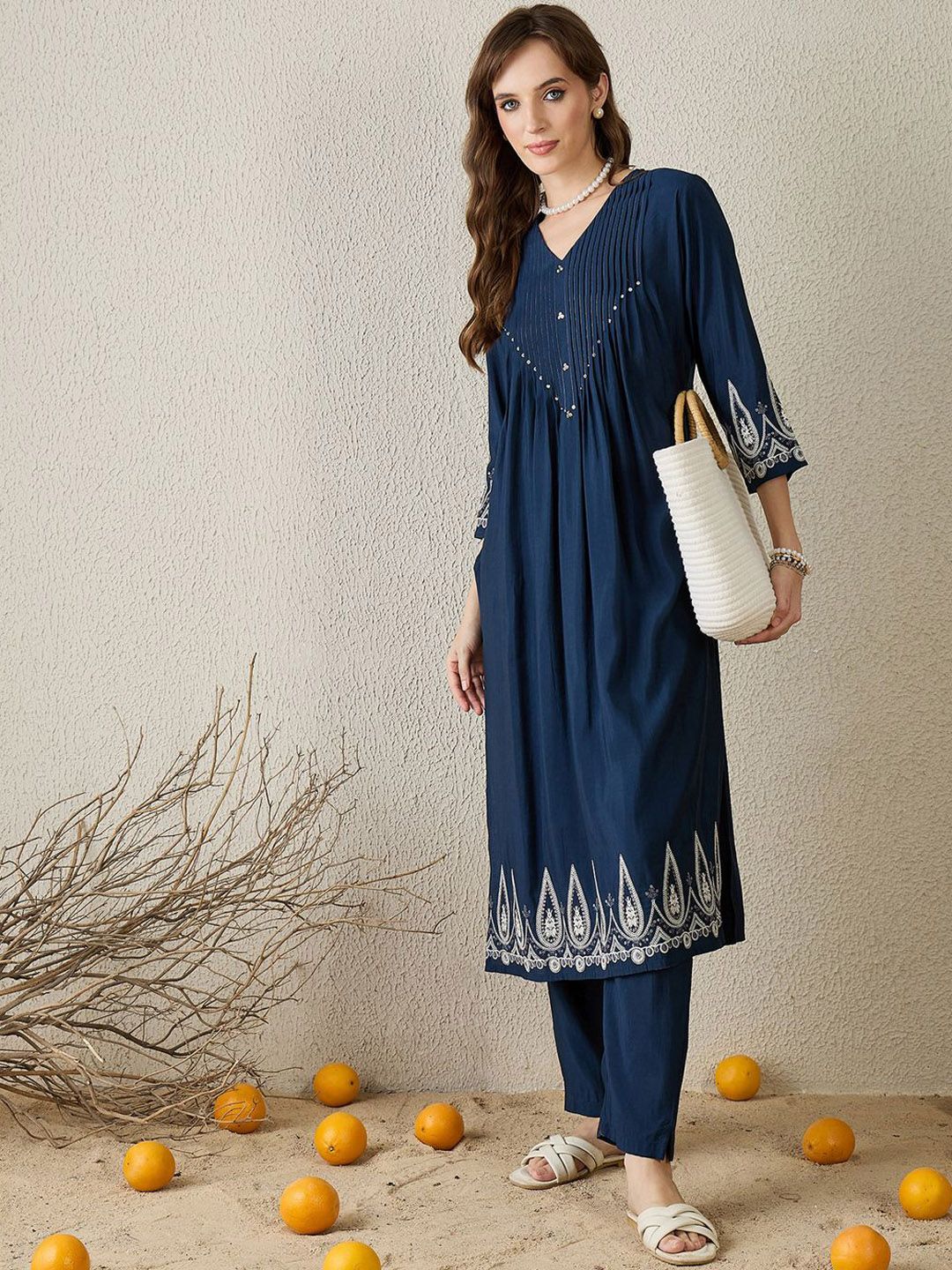 Dhiyona IE Embroidered V-Neck Tunic With Trousers
