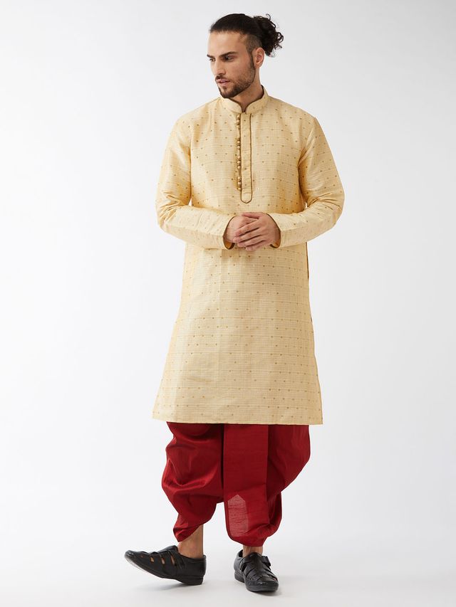 Men's Beige Silk Blend Straight Kurta and Dhoti Set