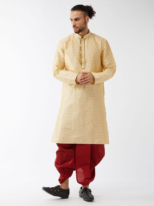 Men's Beige Silk Blend Straight Kurta and Dhoti Set
