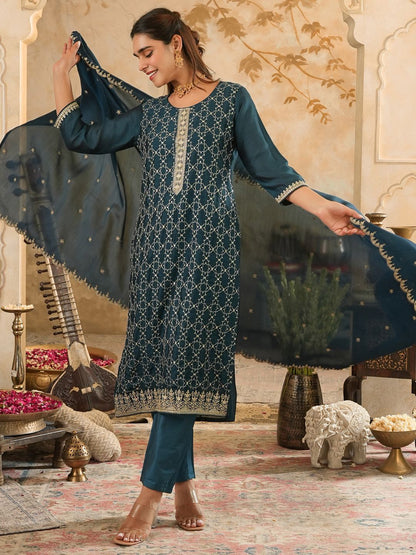 Dhiyona IE Women's Women Ethnic Motifs Embroidered Kurta with Trousers & Dupatta