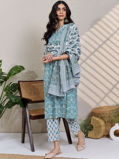 Women Ethnic Motifs Printed Regular Thread Work Pure Cotton Kurta with Trousers & With Dupatta