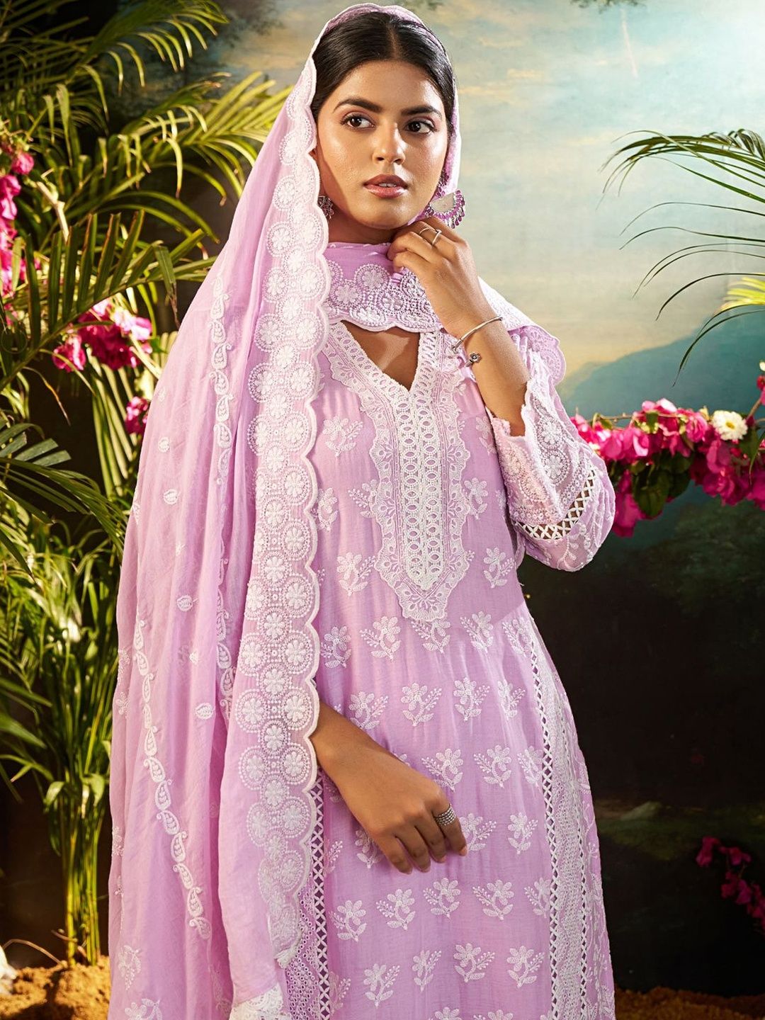 Women Ethnic Motifs Embroidered Cotton Kurta with Trousers & Dupatta