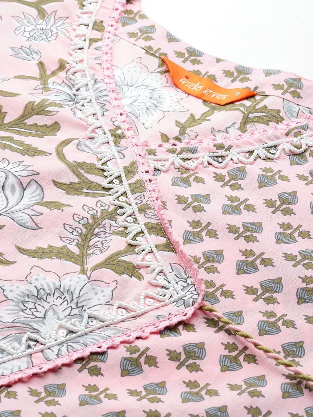 Floral Printed Angrakha Beads and Stones Pure Cotton Kurta Set & With Dupatta