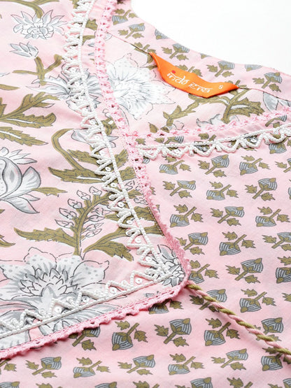 Floral Printed Angrakha Beads and Stones Pure Cotton Kurta Set & With Dupatta