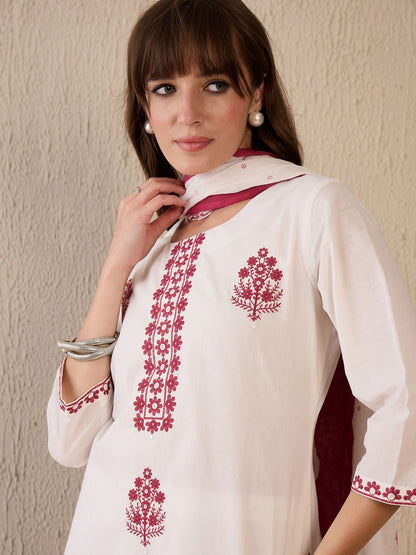 Dhiyona IE Women Floral Embroidered Regular Thread Work Pure Cotton Kurta with Trousers & With Dupatta