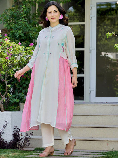 Dhiyona IE Floral Printed Pure Cotton Mandarin Collar Tunic With Trousers