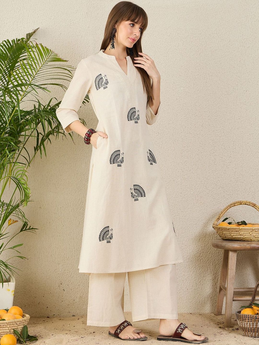 Ethnic Motifs Embroidered A-Line Thread Work Pure Cotton Kurta With Palazzos