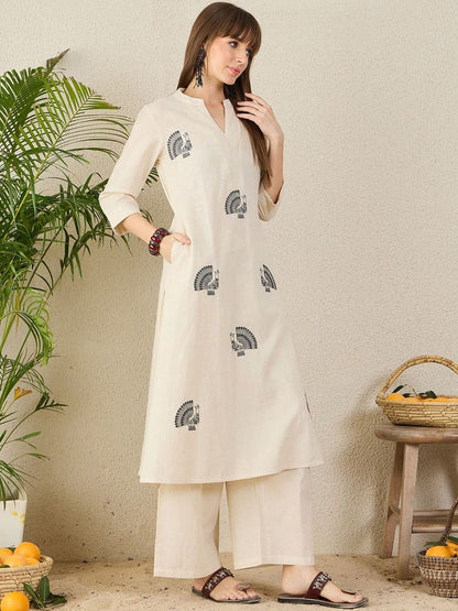 Ethnic Motifs Embroidered A-Line Thread Work Pure Cotton Kurta With Palazzos