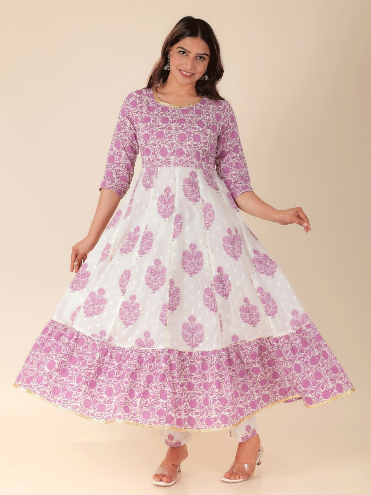 Women's Anarkali Soft Cotton Floral Print Women's Kurta Set - White