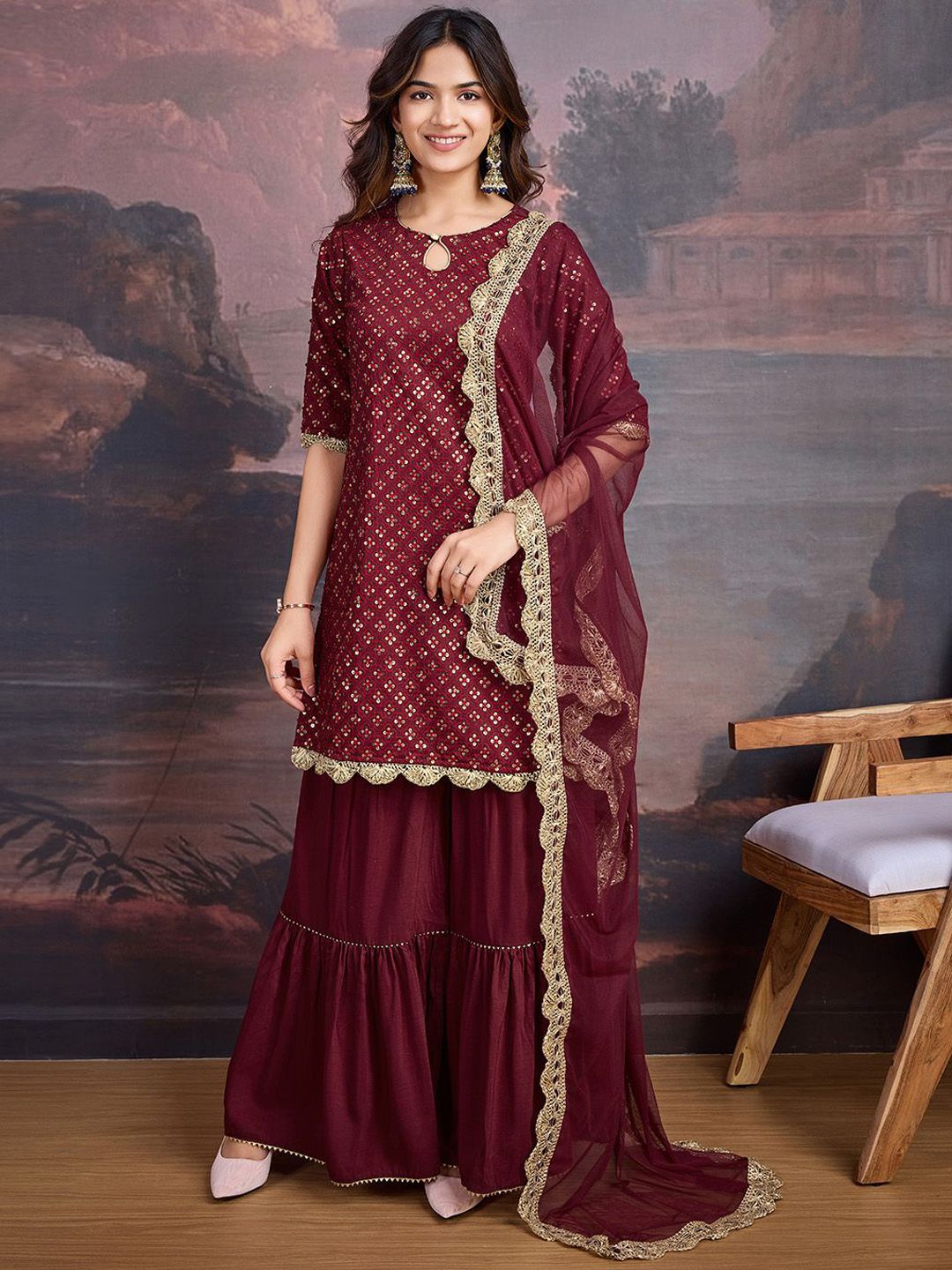Dhiyona PD Women Embroidered Keyhole Neck Kurta With Sharara & Dupatta