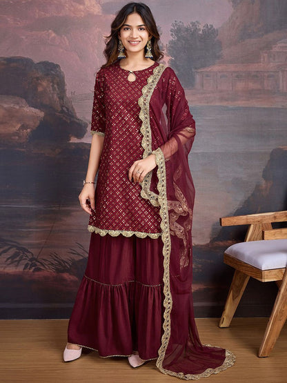 Dhiyona PD Women Embroidered Keyhole Neck Kurta With Sharara & Dupatta