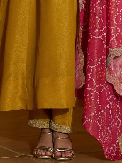 Ethnic Motifs Embroidered A-Line Bandhani Zari Kurta With Trousers & Dupatta
