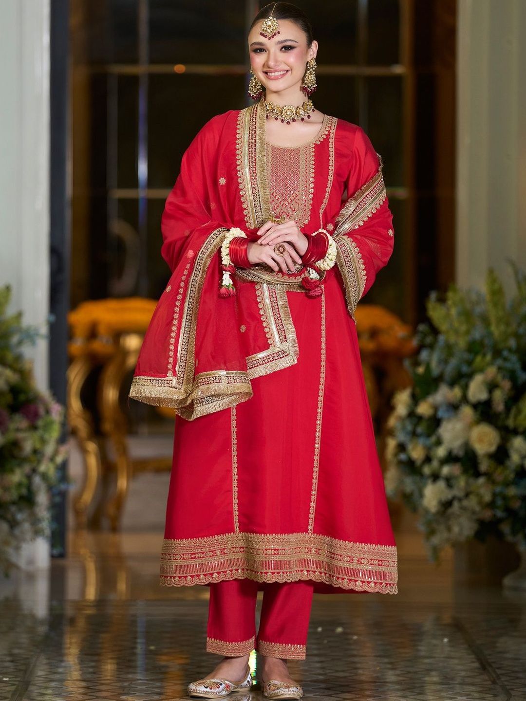 Dhiyona IE Women Ethnic Motifs Embroidered A-Line Kurta with Trousers & Dupatta