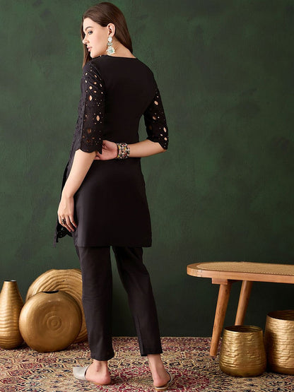 Dhiyona SN Women's Embroidered Regular Mirror Work Pure Cotton Kurti With Trousers