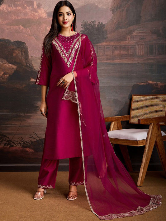 Dhiyona PD Women Embroidered Kurta & Trousers with Dupatta