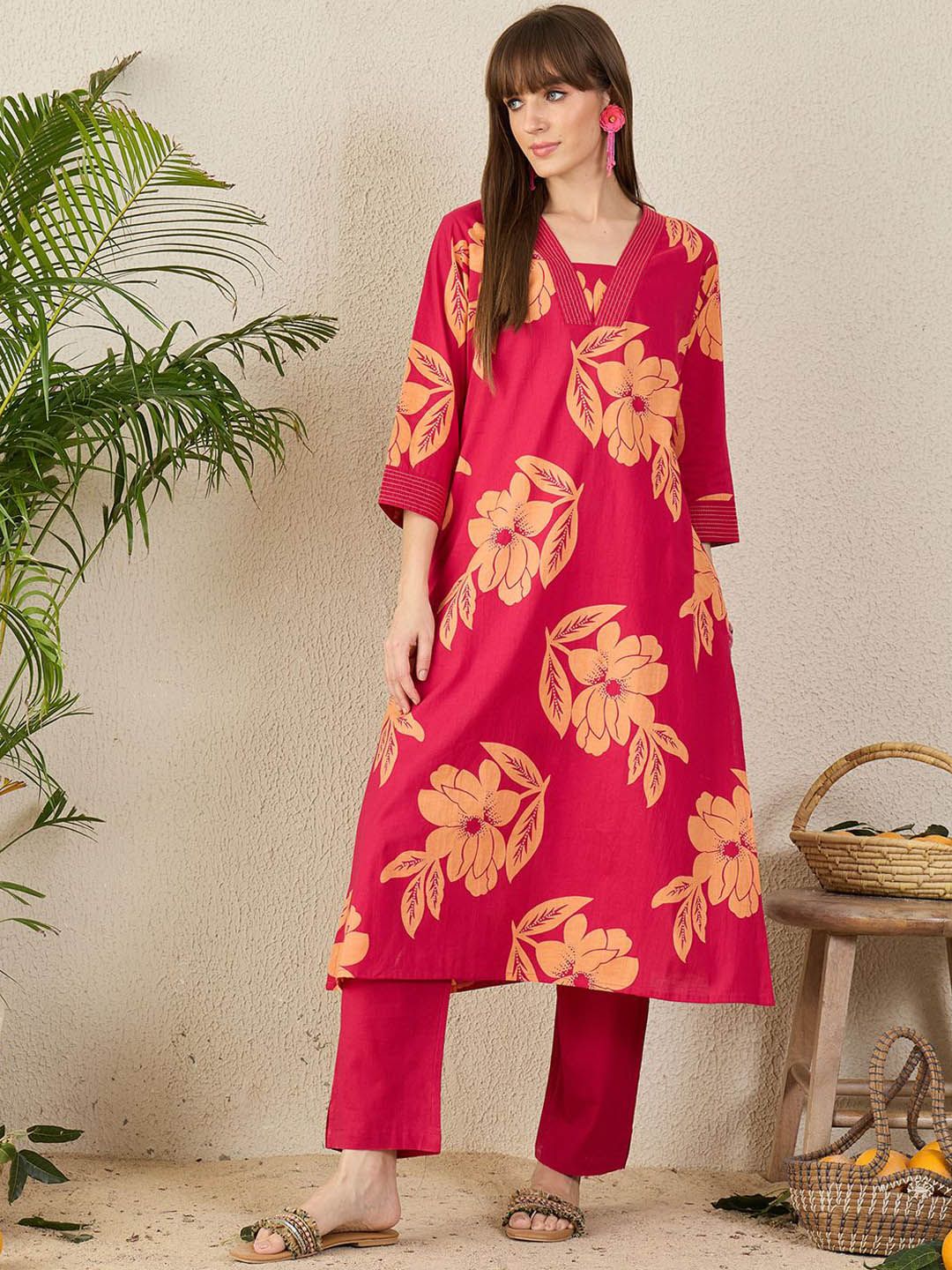 Dhiyona IE Floral Printed Pure Cotton V-Neck Tunic With Trousers Co-Ords