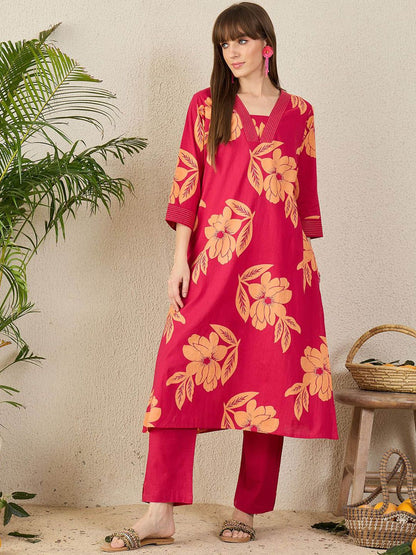 Dhiyona IE Floral Printed Pure Cotton V-Neck Tunic With Trousers Co-Ords