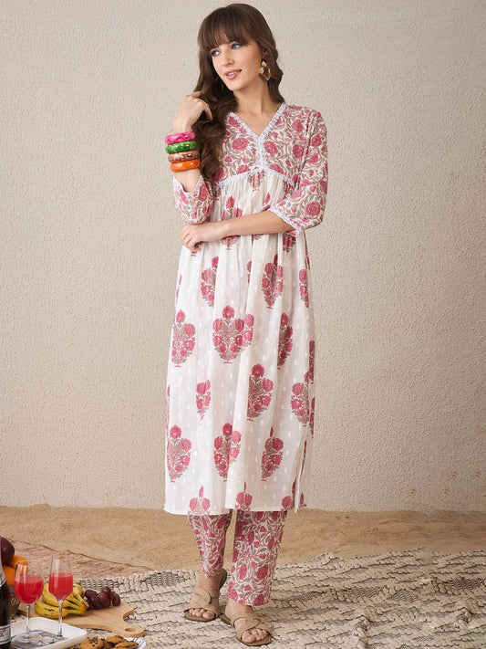 Dhiyona IE Floral Printed V-Neck Empire Pure Cotton A-Line Kurta With Trouser
