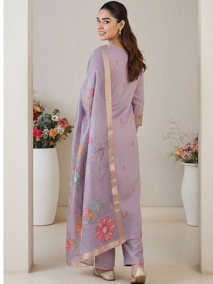Floral Printed Thread Work Straight Kurta With Trousers & Dupatta
