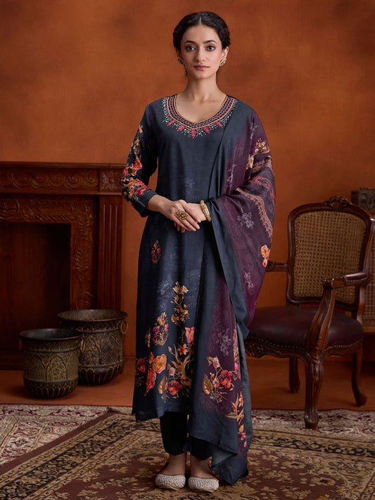 Dhiyona WP Floral Embroidered Beads and Stones Straight Kurta with Trousers & Dupatta