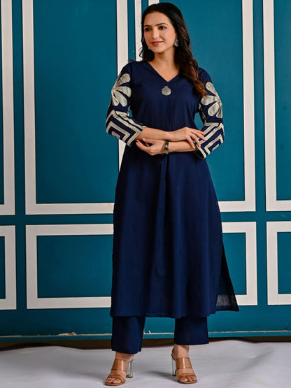 Dhiyona IE Embroidered Pure Cotton V-Neck Top With Trousers Co-Ords