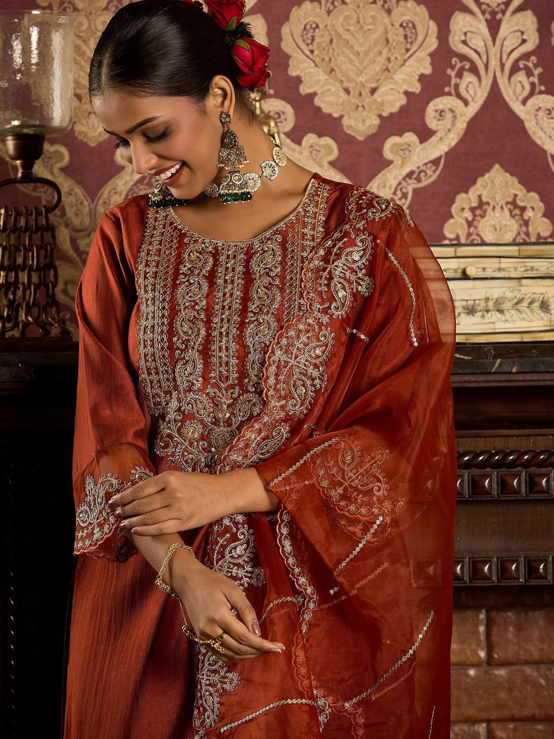 Dhiyona IE Ethnic Motifs Embroidered Zari Liva Kurta With Trousers & Dupatta
