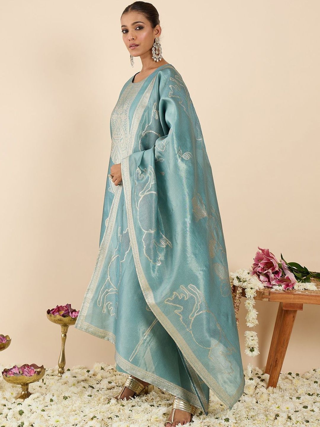 Floral Printed Thread Work Pure Cotton Kurta With Palazzos & Dupatta