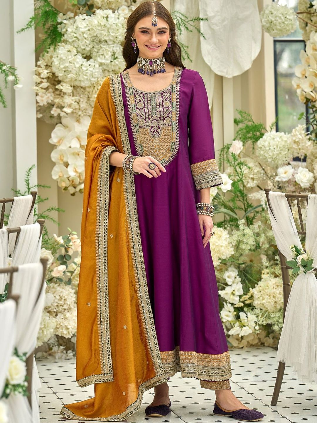 Dhiyona IE Women Ethnic Motifs Embroidered Anarkali Kurta with Trousers & Dupatta
