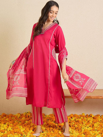 Women Ethnic Motifs Regular Thread Work Pure Cotton Kurta with Trousers & With Dupatta