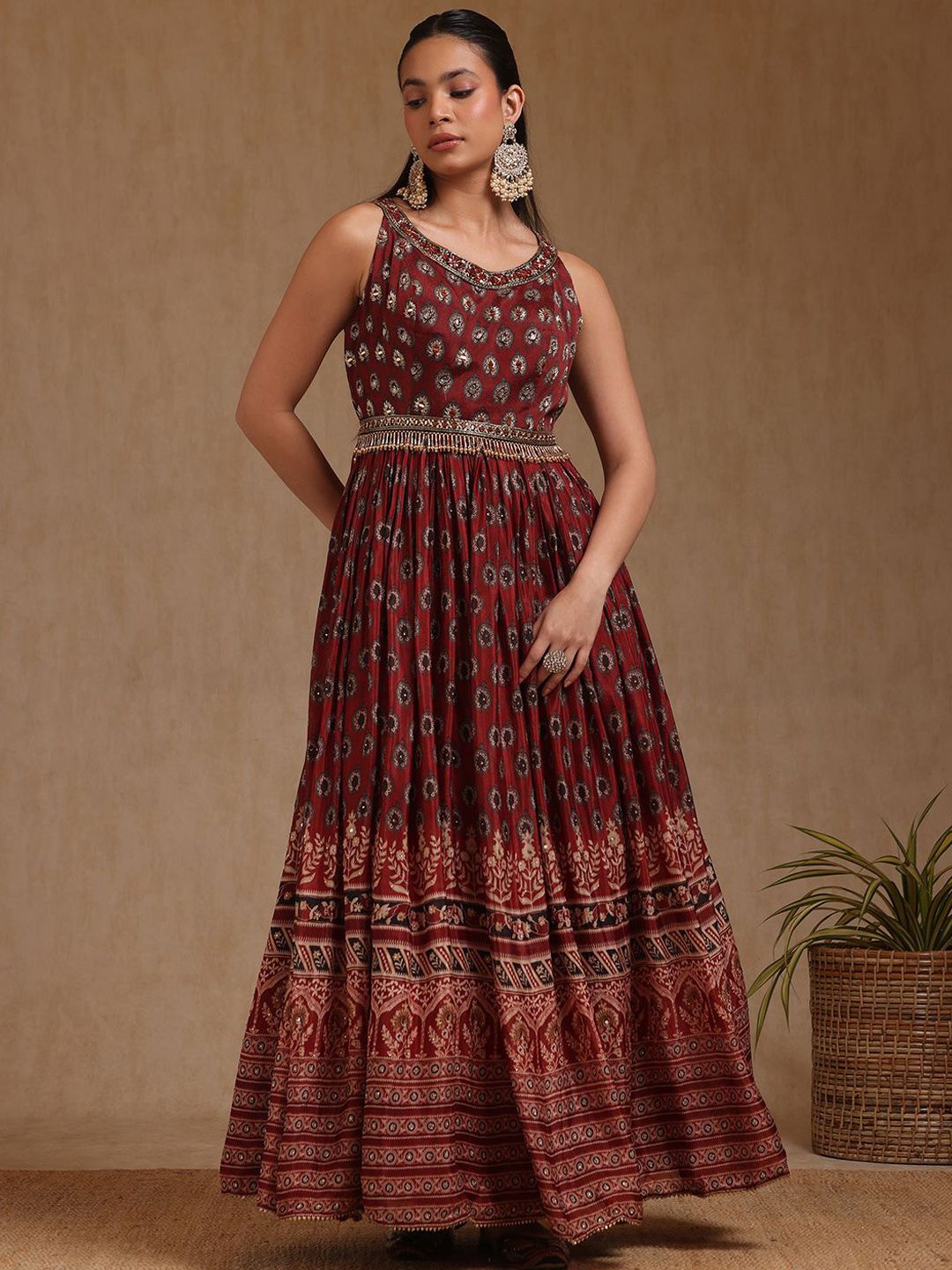 Dhiyona SO Women's Floral Printed Mirror Work Chinon Anarkali Kurta With Churidar & Dupatta