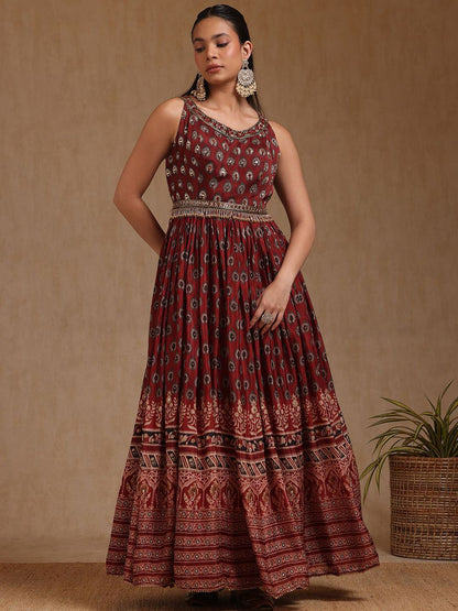 Dhiyona SO Women's Floral Printed Mirror Work Chinon Anarkali Kurta With Churidar & Dupatta