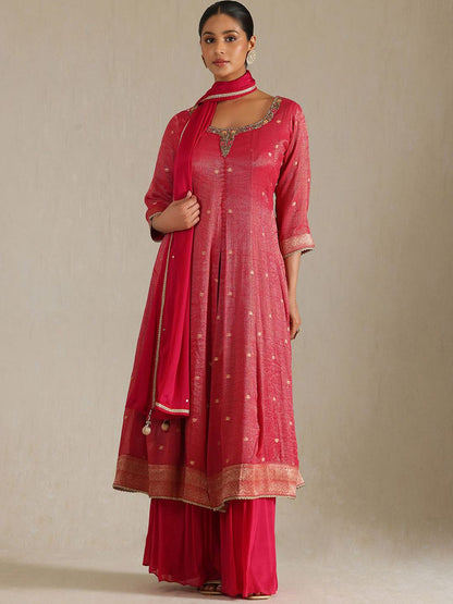 Dhiyona SO Women's Alina Cut Polka Dots Woven Design Sequinned Tissue A-Line Kurta With Palazzos & Dupatta