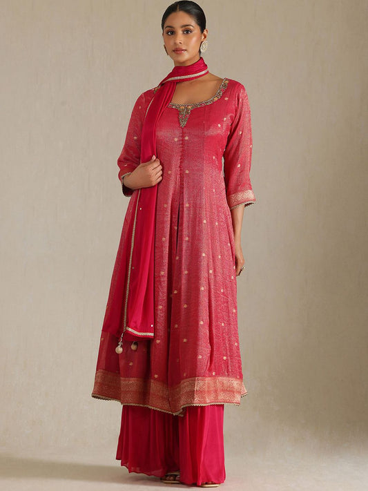 Dhiyona SO Women's Alina Cut Polka Dots Woven Design Sequinned Tissue A-Line Kurta With Palazzos & Dupatta