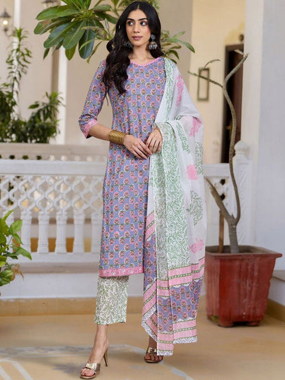 Women Ethnic Motifs Printed Regular Pure Cotton Kurta with Trousers & With Dupatta