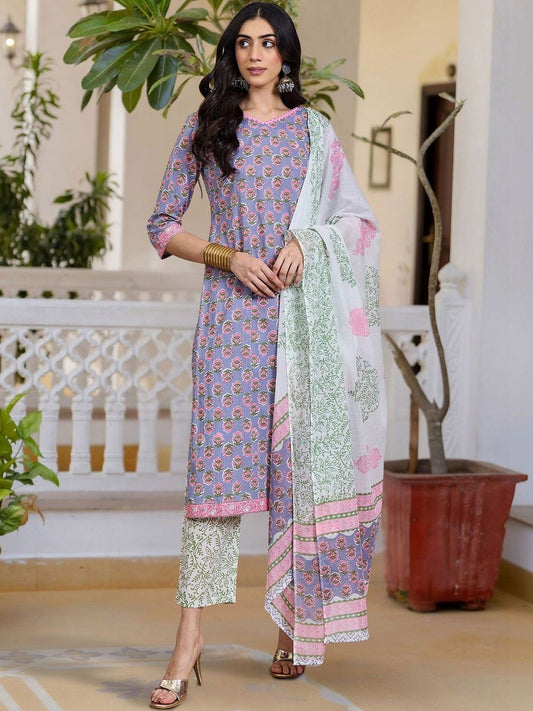 Women Ethnic Motifs Printed Regular Pure Cotton Kurta with Trousers & With Dupatta