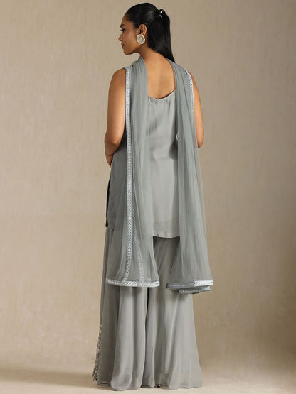 Dhiyona SO Women's Women Floral Printed Regular Beads and Stones Silk Georgette Kurta with Sharara & With Dupatta