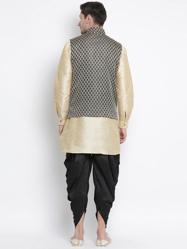 Men's Gold Silk Blend Straight Jacket  Kurta and Dhoti Set
