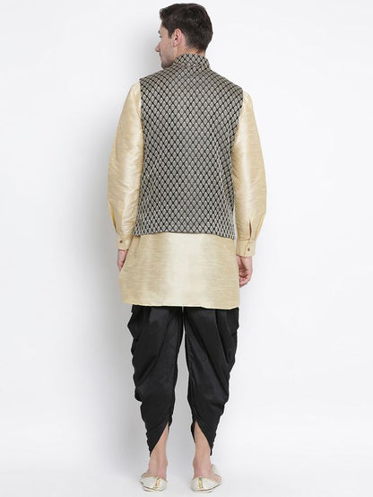 Men's Gold Silk Blend Straight Jacket  Kurta and Dhoti Set