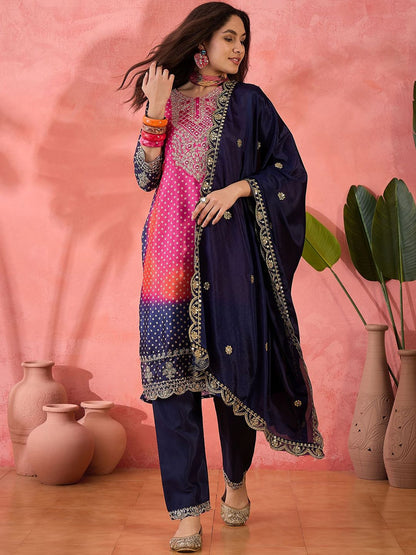 Dhiyona SN Women's Bandhani Printed with Embroidered Kurta With Trousers & Dupatta
