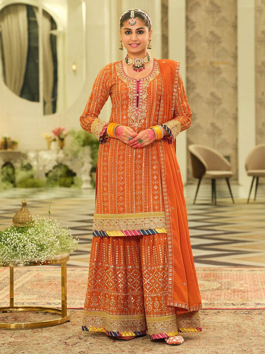 Dhiyona IE Ethnic Motifs Embroidered Sequinned Straight Kurta & Sharara With Dupatta