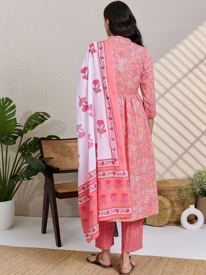 Floral Printed Panelled Pure Cotton Kurta With Trousers & Dupatta
