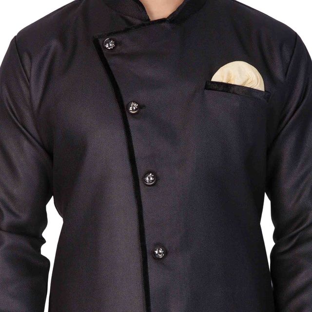 Men's Black Cotton Blend Regular Sherwani Set